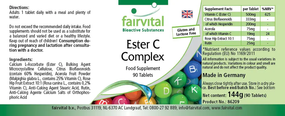 Ester C Komplex - 90 Tabletten -  gepuffertes Vitamin C (magenfreundlich) - für Immunsystem, Kollagenbildung uvm. | Fairvital
