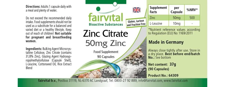 Zinkcitrat mit 50mg Zink - für Immunsystem, Haare, Haut, Sehkraft uvm. - Vegan | Fairvital