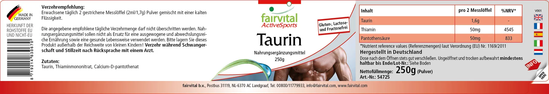 Taurin 250g Pulver - mit Thiamin und Pantothensäure - für Steroidhormonen- und Energiestoffwechsel, Herzfunktion uvm. | Fairvital