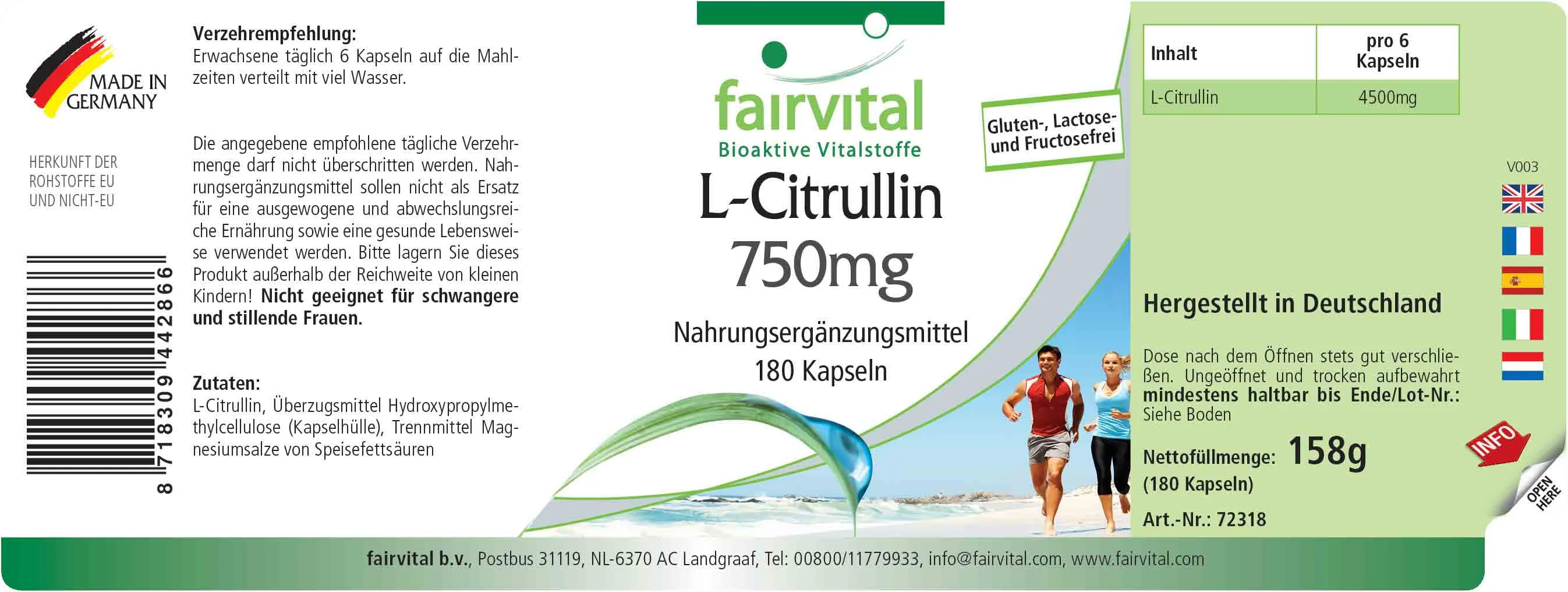 L-Citrullin 750mg - 180 Kapseln - Hochdosiert und Vegan | Fairvital