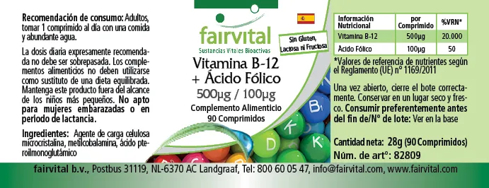 Vitamin B-12 + Folsäure 500µg / 100µg -  90 Tabletten - für Immunsystem, gegen Müdigkeit uvm. | Fairvital
