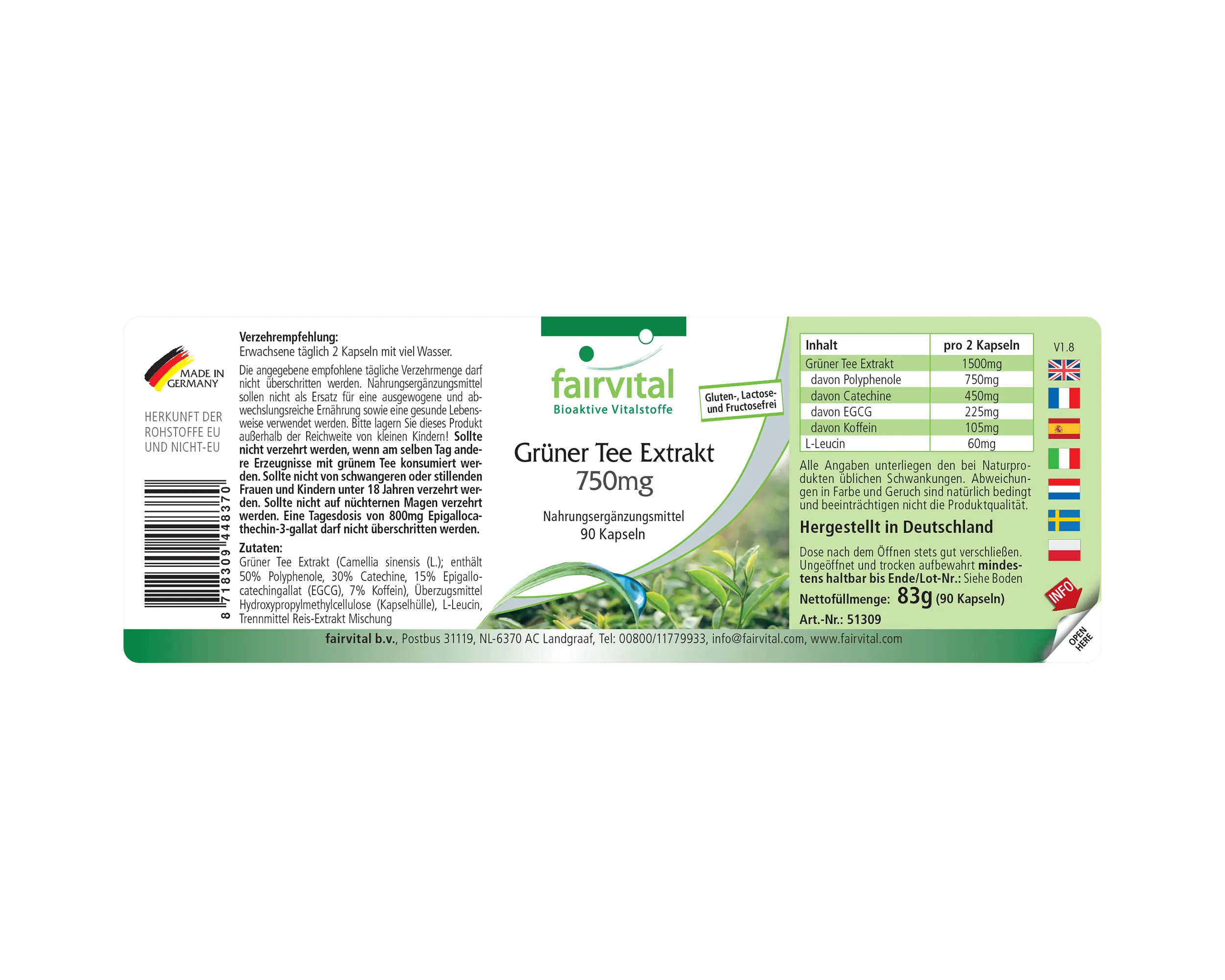 Grüner Tee Extrakt 750mg - Camellia Sinensis - 90 Kapseln - Hochdosiert und Vegan | Fairvital