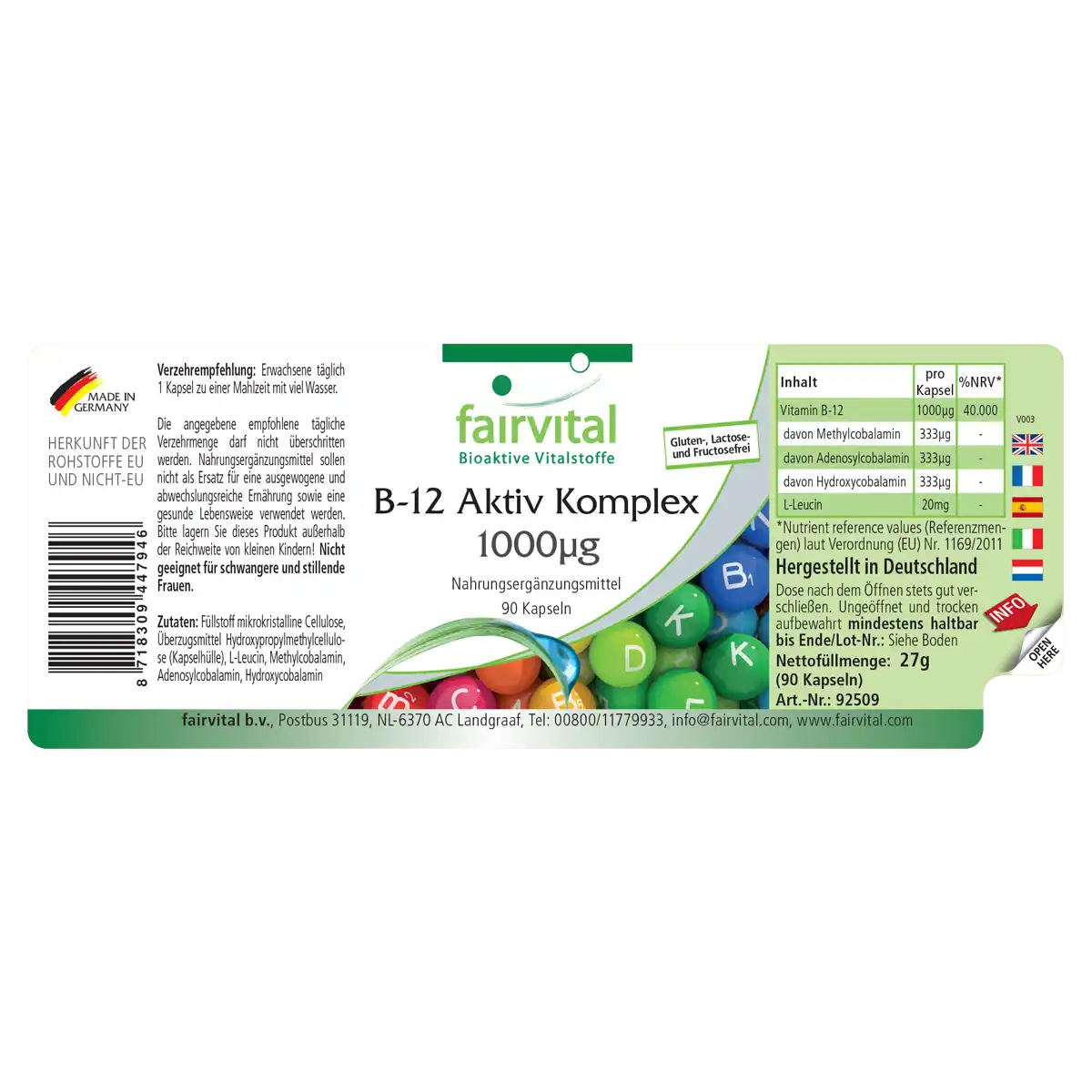 B-12 Aktiv-Komplex 1000µg - mit Vitamin B12 - 90 Kapseln - Vegan | Fairvital