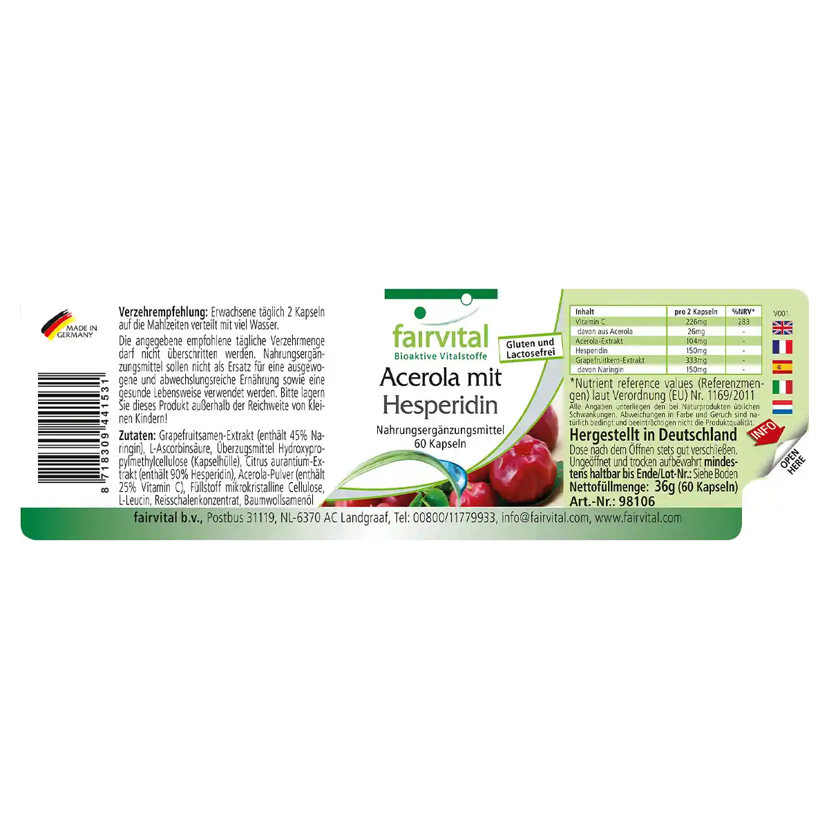 Acerola mit Hesperidin und Vitamin C-60 Kapseln - Hochdosiert und Vegan | Fairvital