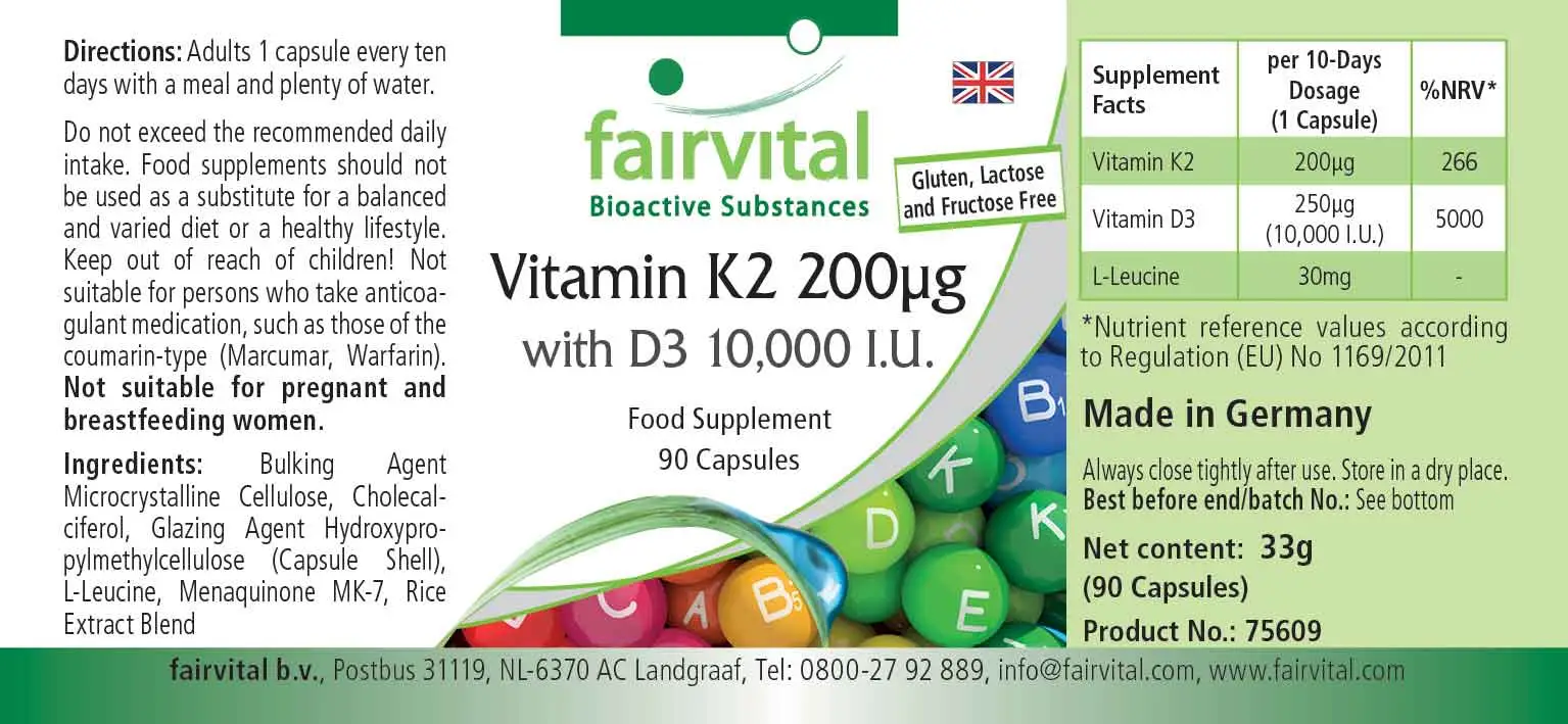 Vitamin K2 200µg mit D3 10000 I.E. - 90 Kapseln - für Knochen, Blutgerinnung uvm. | Fairvital
