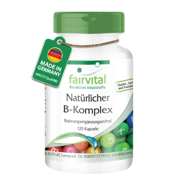 Natürlicher B-Komplex - 120 Kapseln - (B1, B6, B12...) - für Haare, Haut, Immunsystem, uvm. - Vegan | Fairvital Natürlicher B-Komplex - 120 Kapseln - (B1, B6, B12...) - für Haare, Haut, Immunsystem, uvm. - Vegan | Fairvital