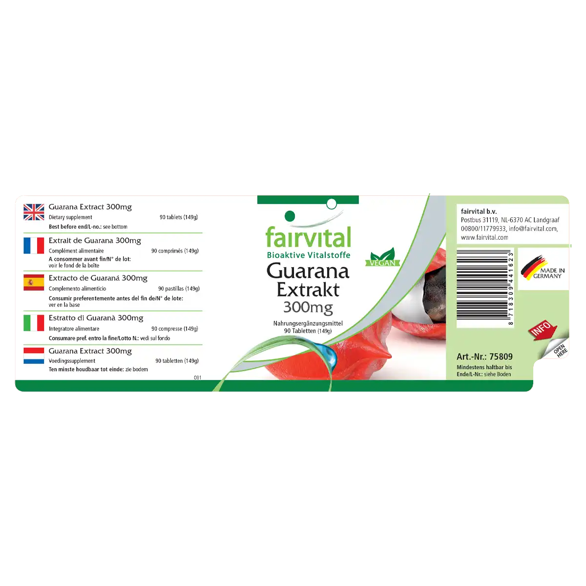 Guarana Extrakt 300mg - Paullinia cupana - 90 Tabletten - Energizer - Hochdosiert und Vegan | Fairvital Guarana Extrakt 300mg - Paullinia cupana - 90 Tabletten - Energizer - Hochdosiert und Vegan | Fairvital