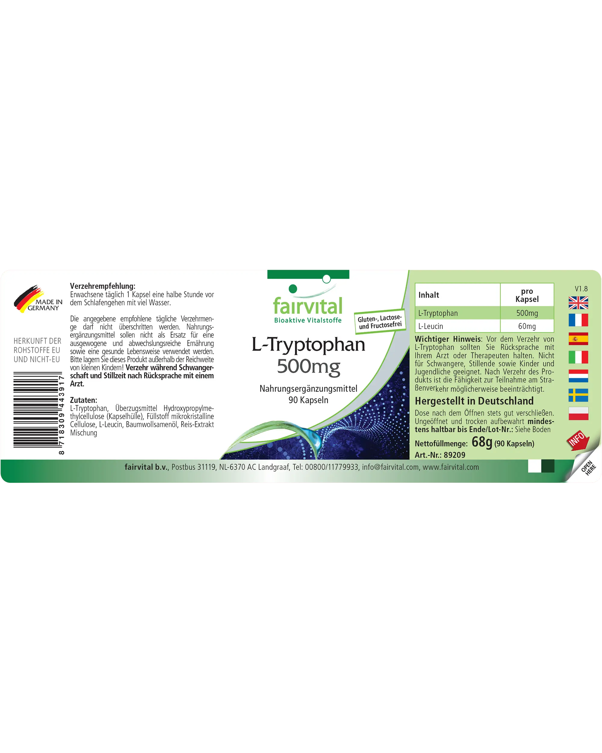 L-Tryptophan 500mg - 90 Kapseln - essentielle Aminosäure - Hochdosiert und Vegan | Fairvital