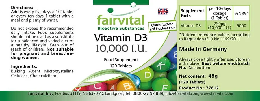 Vitamin D3 10000 I.E. - 120 Tabletten - für Immunsystem, Zellteilung, Muskeln uvm. | Fairvital