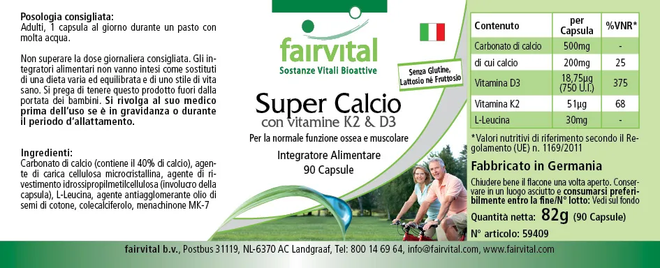 Super Calcium mit den Vitaminen K2 & D3 - 90 Kapseln - für Knochen, Zähne, Muskeln uvm. - Vegan | Fairvital