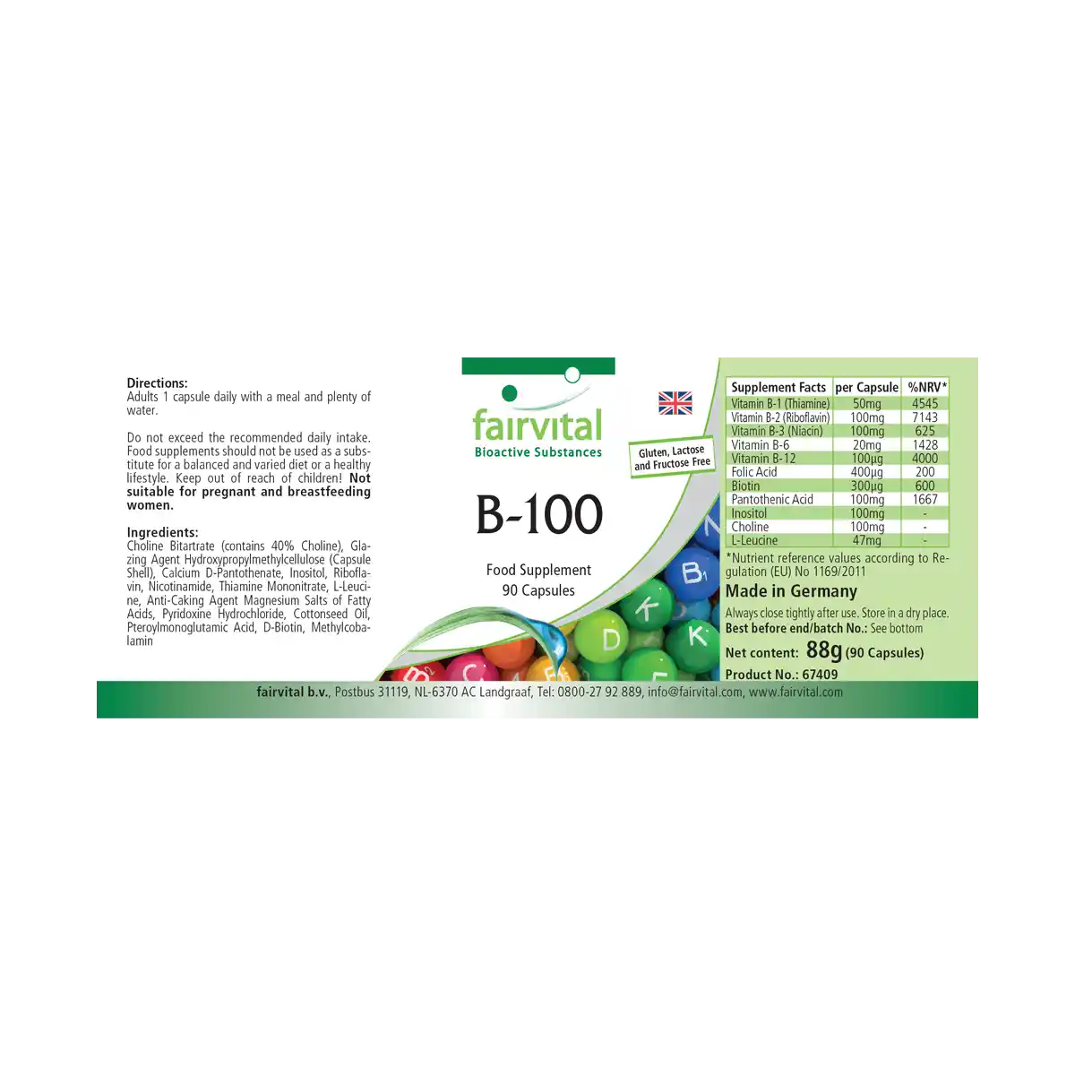 B-100 Komplex - alle B-Vitamine (B1, B2, B3, B5, B6, B7, B9, B12) für Haare, Haut ung gegen Müdigkeit - 90 Kapseln - Hochdosiert und Vegan | Fairvital