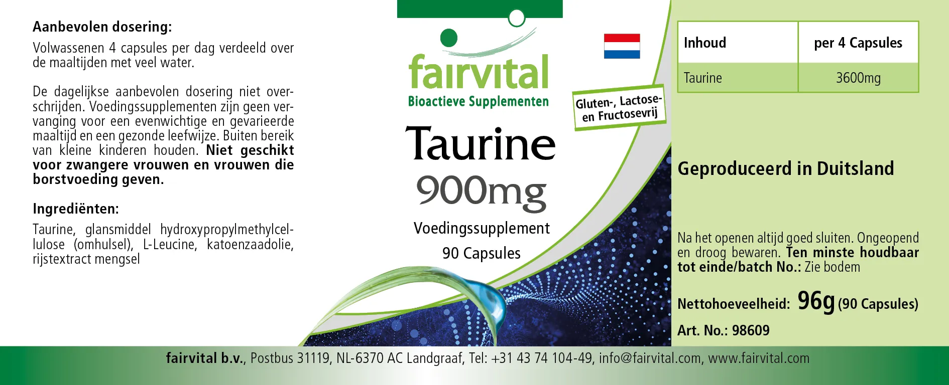 Taurin 900mg - 90 Kapseln - Hochdosiert- Vegan | Fairvital