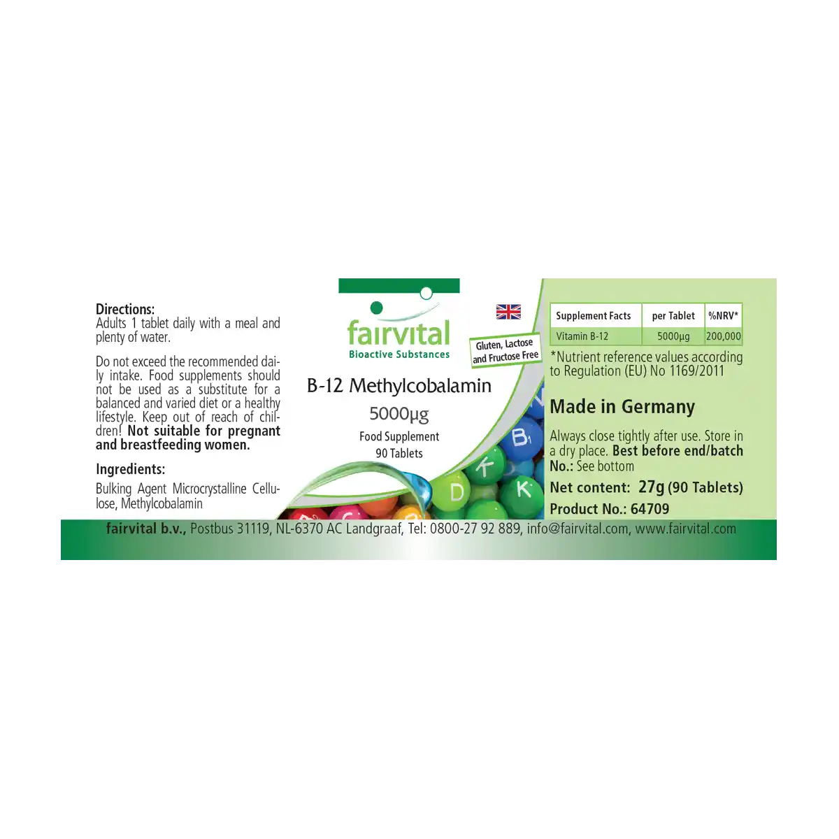B-12 Methylcobalamin 5000µg - 90 Tabletten - mit Vitamin B12 für Immunsystem, gegen Müdigkeit uvm. - Hochdosiert und Vegan | Fairvital