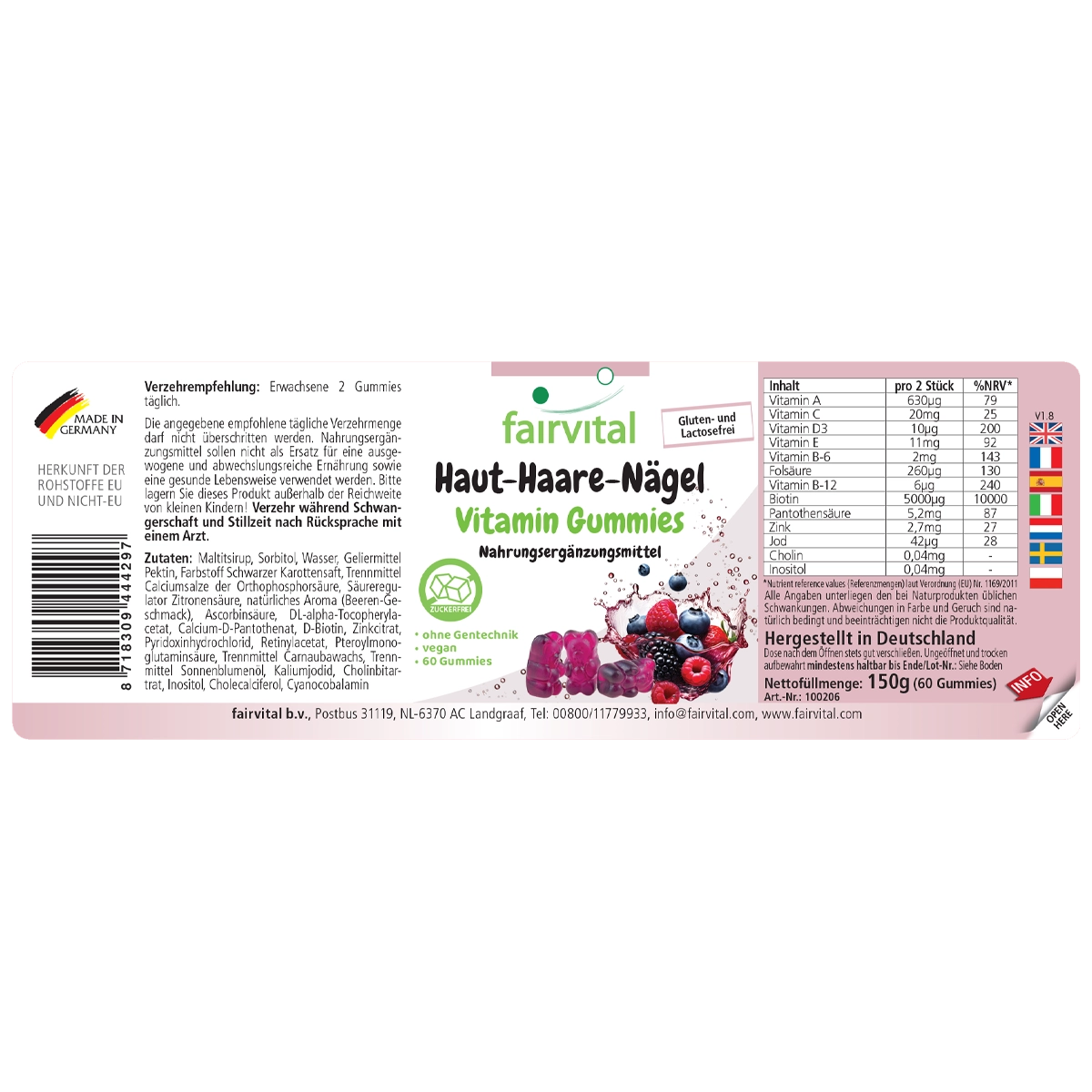 Haut-Haare-Nägel Vitamin - 60 Gummies - mit Biotin, Zink, Vitamin B12, uvm. - Vegan | Fairvital
