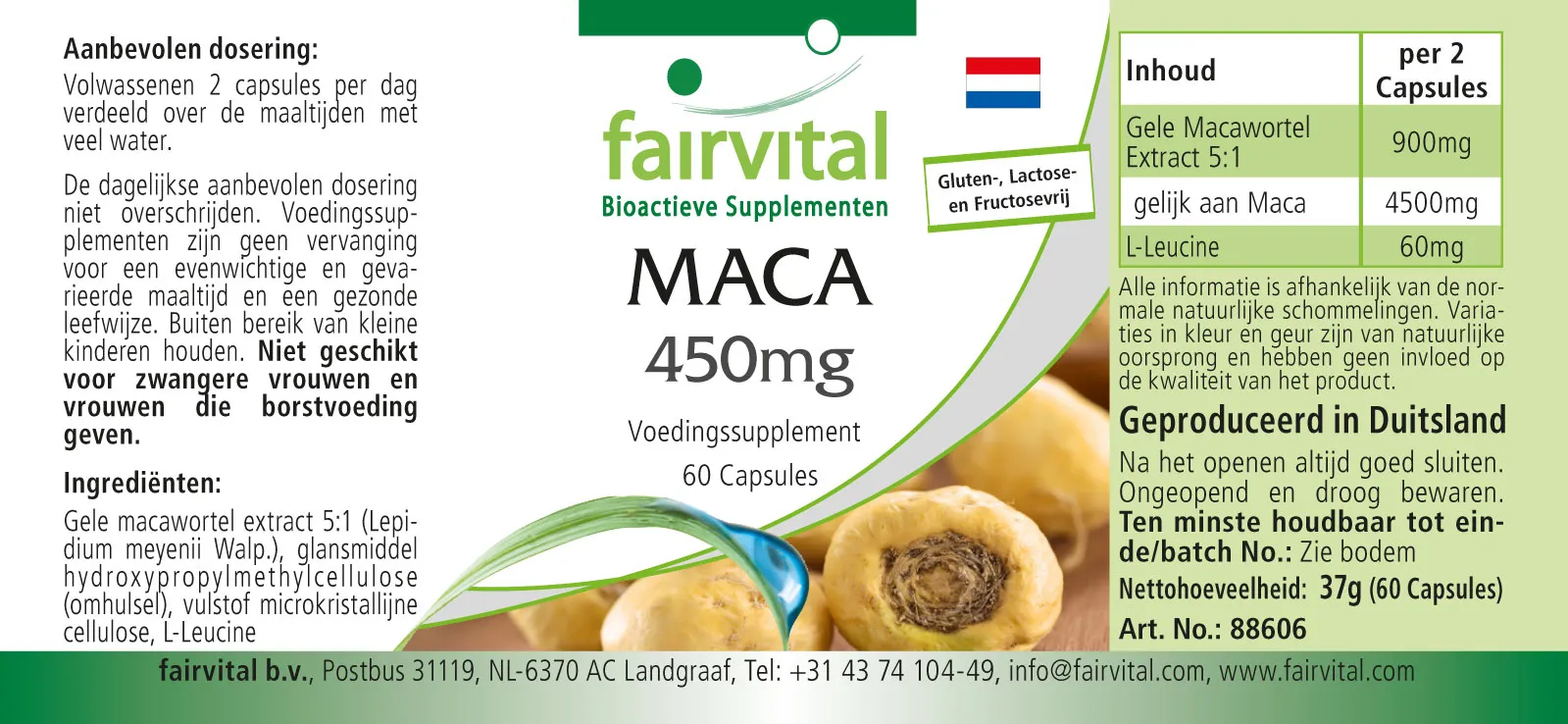 MACA 450mg - 60 Kapseln - 4-fach konzentrierter Wurzelextrakt - Hochdosiert und Vegan | Fairvital