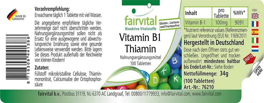 Vitamin B1 Thiamin - 100 Tabletten - für Herz, Nervensystem uvm. - Vegan | Fairvital