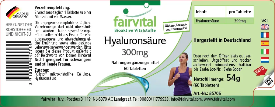 Hyaluronsäure 300mg - 60 Tabletten - Hochdosiert und Vegan | Fairvital Hyaluronsäure 300mg - 60 Tabletten - Hochdosiert und Vegan | Fairvital