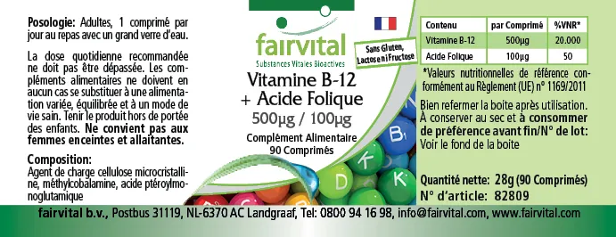 Vitamin B-12 + Folsäure 500µg / 100µg -  90 Tabletten - für Immunsystem, gegen Müdigkeit uvm. | Fairvital
