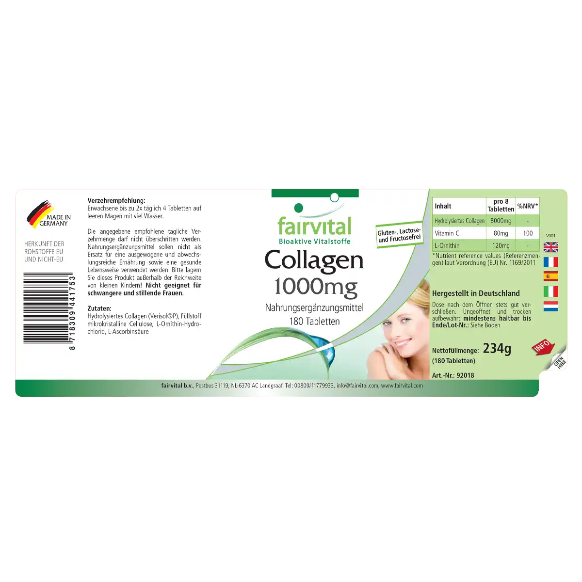 Collagen 1000mg - 180 Tabletten - mit Vitamin C uvm. - für Immunsystem, Kollagenbildung - Hochdosiert | Fairvital