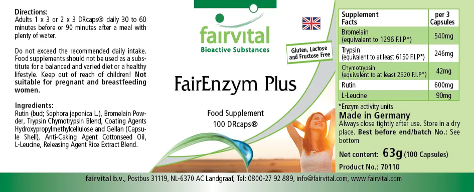FairEnzym Plus - 100 DRCaps™ - Multi Enzym Komplex - mit Rutosid, Bromelain, Trypsin & Chymotrypsin - Hochdosiert | Fairvital