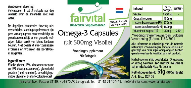Omega-3-Kapseln aus 500mg Fischöl - 90 Softgels - für Blutdruck, Herz und Zellschutz | Fairvital