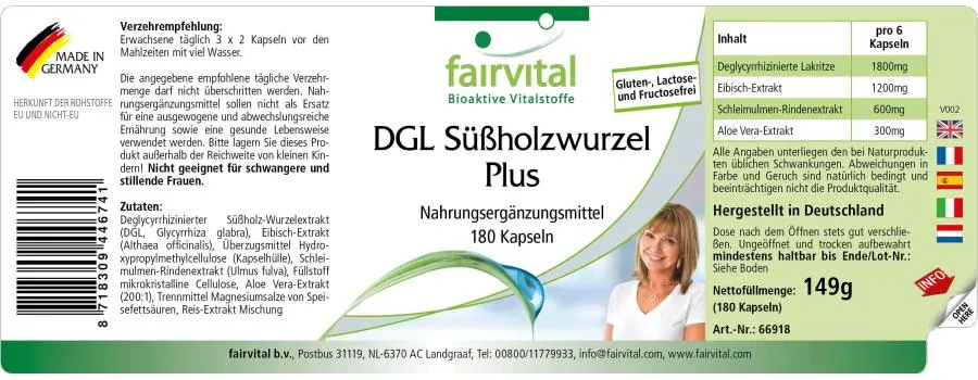 DGL Süßholzwurzel Plus - 180 Kapseln - mit Lakritze (Süßholz), Eibisch, Schleimulme und Aloe Vera - Hochdosiert und Vegan | Fairvital DGL Süßholzwurzel Plus - 180 Kapseln - mit Lakritze (Süßholz), Eibisch, Schleimulme und Aloe Vera - Hochdosiert und Vegan | Fairvital