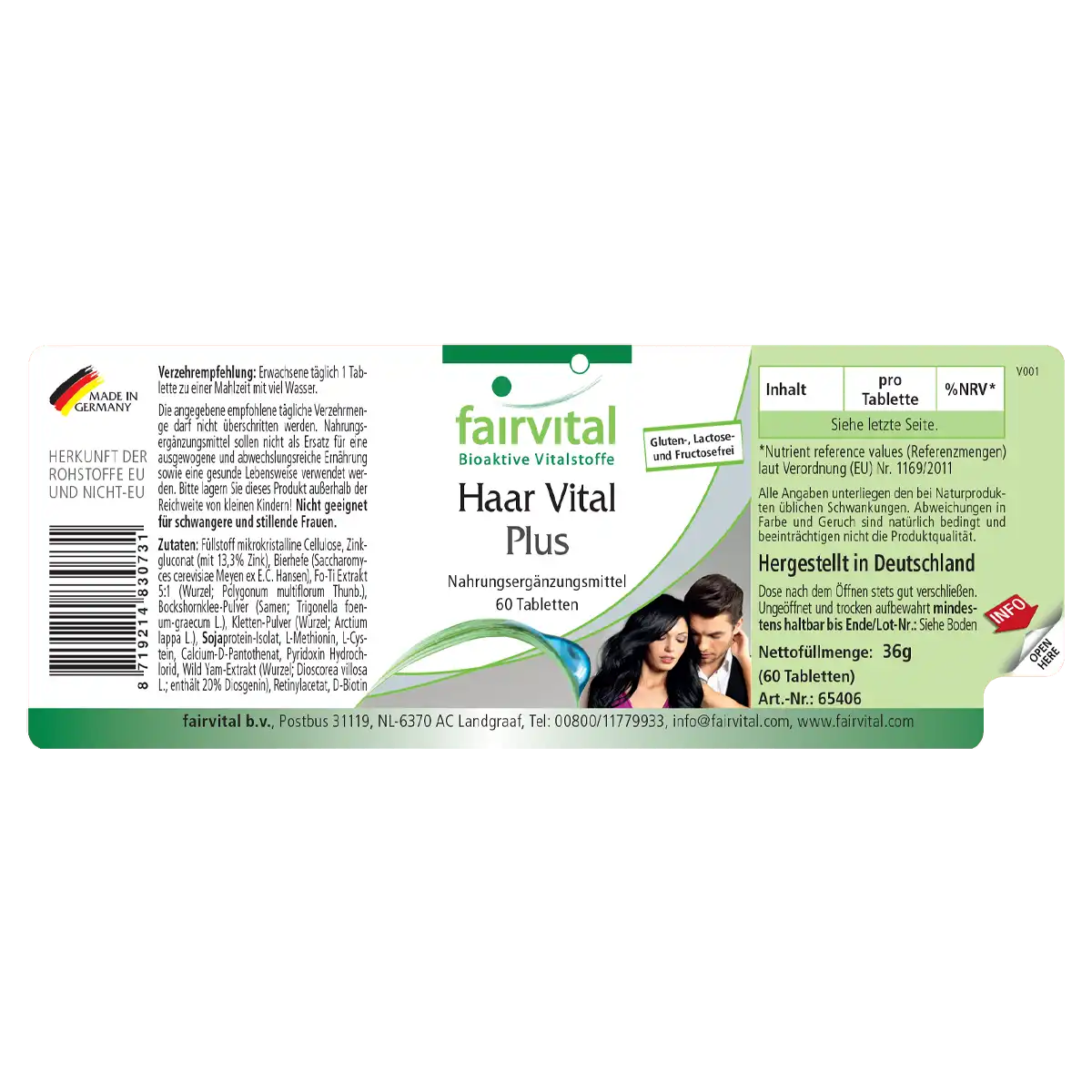 Haar Vital Plus - 60 Tabletten - mit Biotin, Zink, uvm. - für Haare, Haut und Nervensystem - Hochdosiert | Fairvital