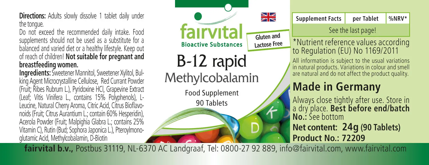 B-12 rapid als Methylcobalamin - 90 Tabletten - mit Vitamin B12 für Immunsystem, Zellteilung | Fairvital