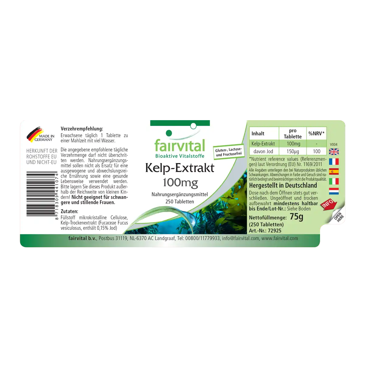 Kelp-Extrakt 100mg - 250 Tabletten - für Haut, Schilddrüse, Nervensystem uvm. | Fairvital Kelp-Extrakt 100mg - 250 Tabletten - für Haut, Schilddrüse, Nervensystem uvm. | Fairvital