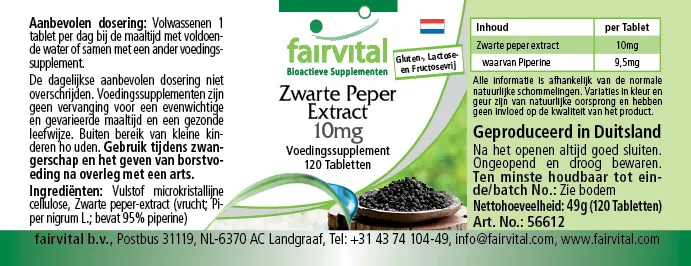 Schwarzer Pfeffer Extrakt 10mg - 120 Tabletten - 95% Piperin - Vegan | Fairvital