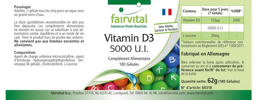 Vitamin D3 5000 I.E. - 180 Kapseln - für Immunsystem, Muskeln, Zellteilung uvm. - Hochdosiert | Fairvital