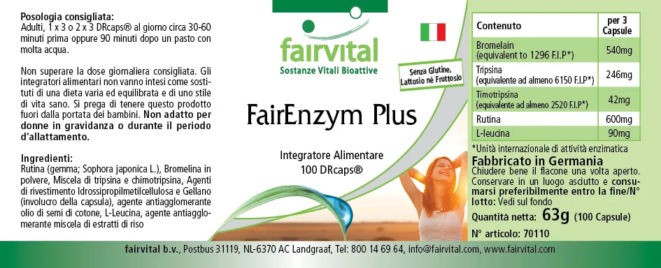 FairEnzym Plus - 100 DRCaps™ - Multi Enzym Komplex - mit Rutosid, Bromelain, Trypsin & Chymotrypsin - Hochdosiert | Fairvital