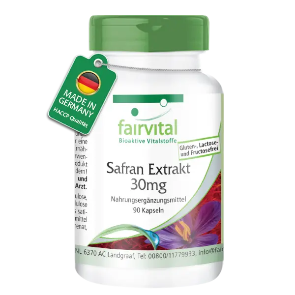 Safran Extrakt 30mg - 90 Kapseln mit Pantothensäure, Vitamin B12 uvm. - für Immunsystem, Zellteilung uvm. | Fairvital