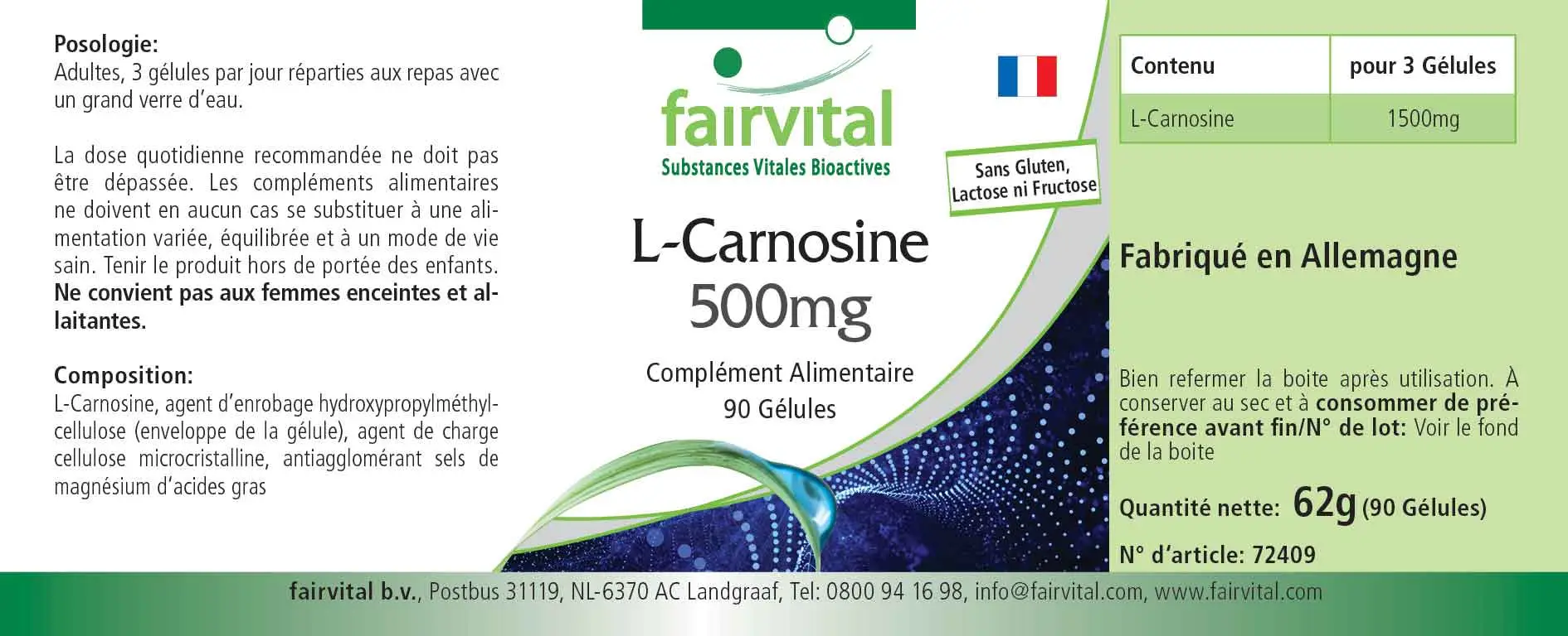 L-Carnosin 500mg - 90 Kapseln - Aminosäure - Hochdosiert und Vegan | Fairvital