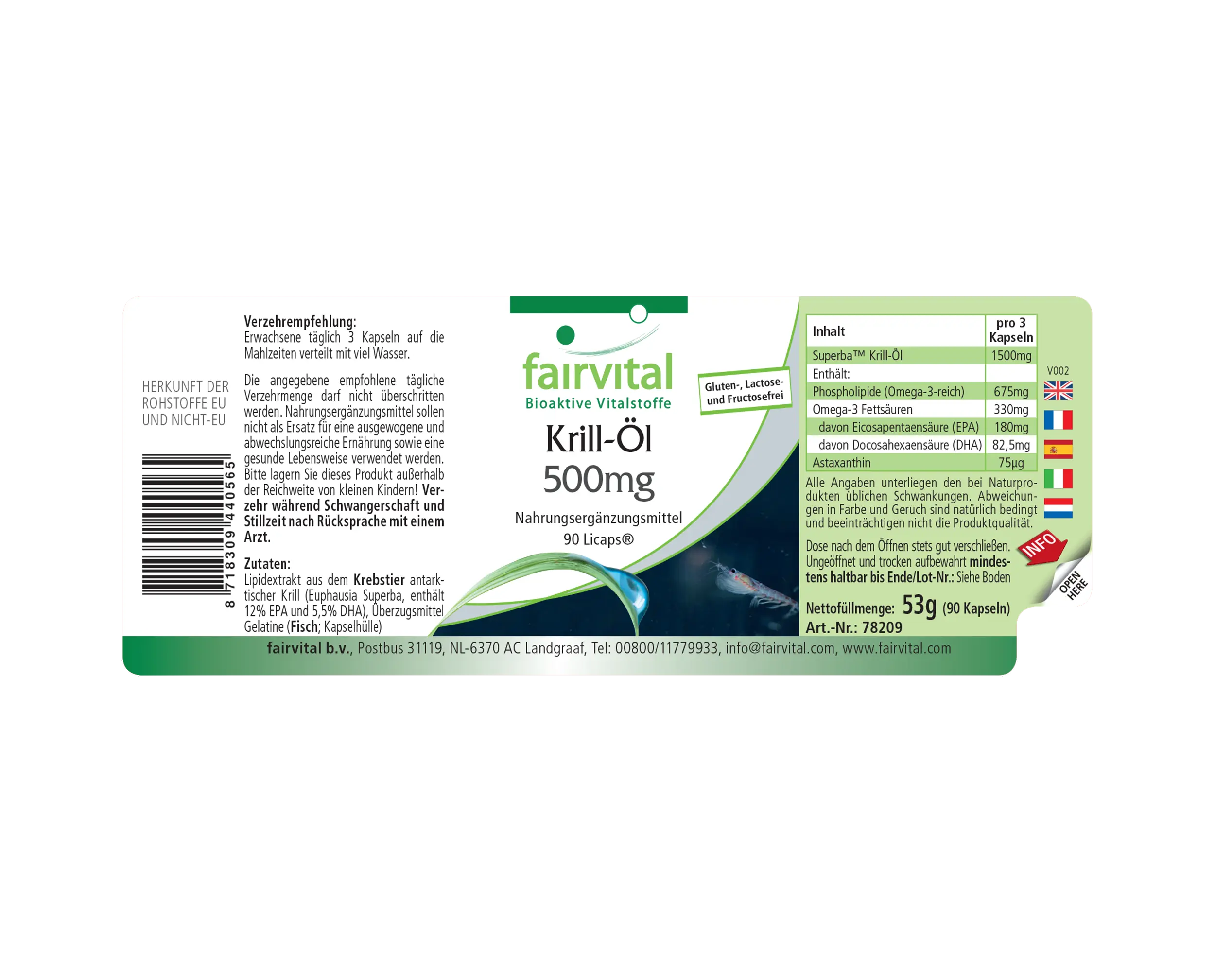 Krill-Öl 500mg Kapseln - 90 LiCaps® - mit EPA & DHA - für Hez, Gehirn, Sehkraft, Blutdruck uvm. | Fairvital
