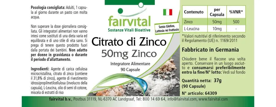 Zinkcitrat mit 50mg Zink - für Immunsystem, Haare, Haut, Sehkraft uvm. - Vegan | Fairvital