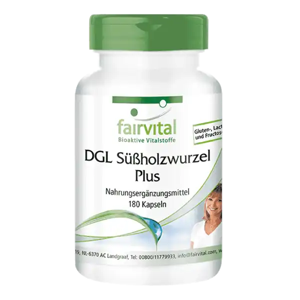 DGL Süßholzwurzel Plus - 180 Kapseln - mit Lakritze (Süßholz), Eibisch, Schleimulme und Aloe Vera - Hochdosiert und Vegan | Fairvital DGL Süßholzwurzel Plus - 180 Kapseln - mit Lakritze (Süßholz), Eibisch, Schleimulme und Aloe Vera - Hochdosiert und Vegan | Fairvital