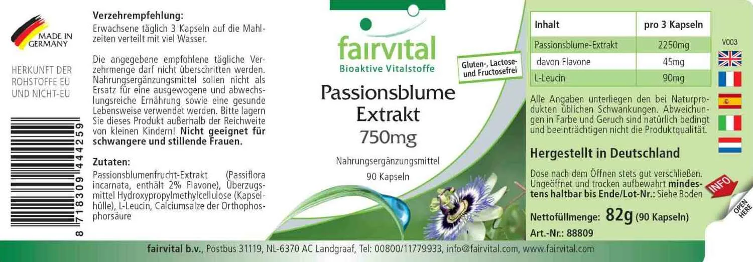 Passionsblume Kapseln Extrakt 750mg - 90 Kapseln-standardisiert auf 2% Flavone-Vegan | Fairvital