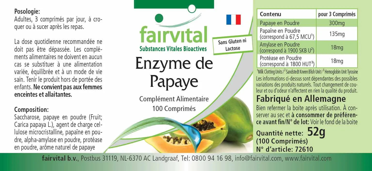 Papaya Enzym - 100 Tabletten - mit Papain, Amylase und Protease - Hochdosiert und Vegan | Fairvital