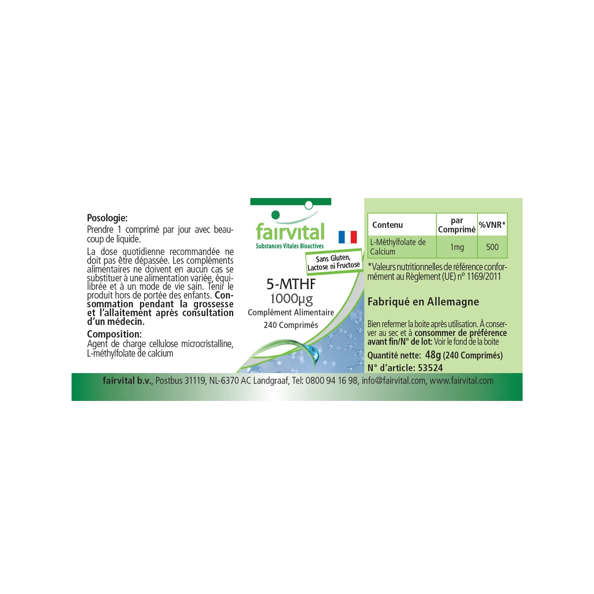 5-MTHF 1000 µg - 240 Tabletten - bioaktive Folsäure - abgedeckter Bedarf - Hochdosiert und Vegan | Fairvital