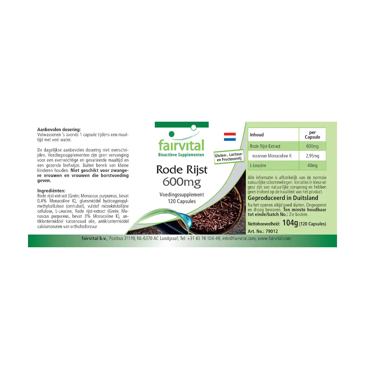 Roter Reis 600mg - 120 Kapseln - fermentiert - 2,95 mg Monacolin K - Vegan | Fairvital