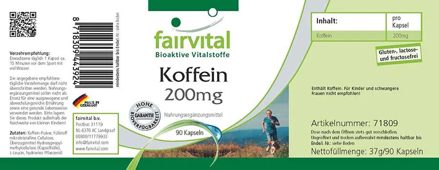 Koffein 200mg - 90 Kapseln - Hochdosiert und Vegan | Fairvital Koffein 200mg - 90 Kapseln - Hochdosiert und Vegan | Fairvital