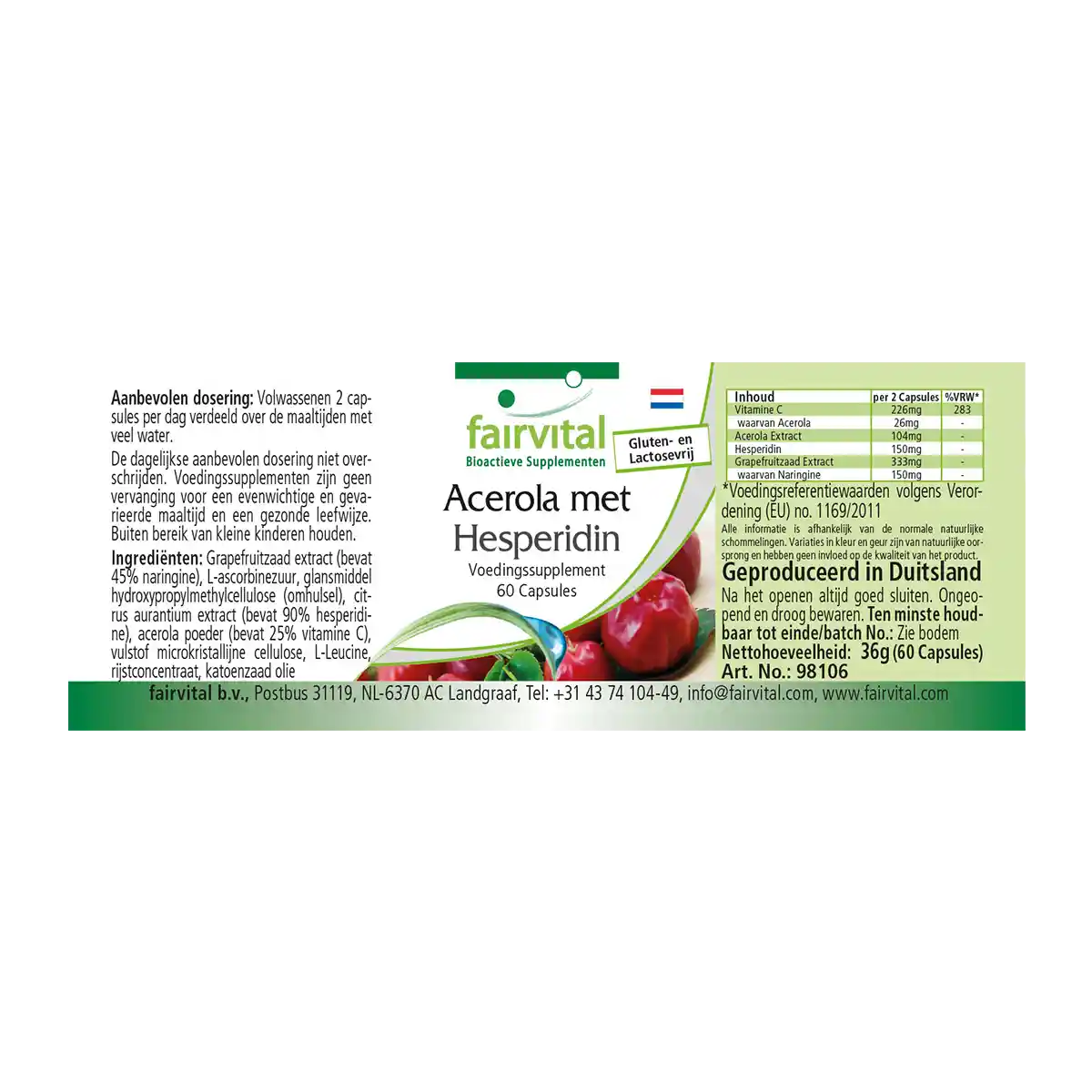 Acerola mit Hesperidin und Vitamin C-60 Kapseln - Hochdosiert und Vegan | Fairvital