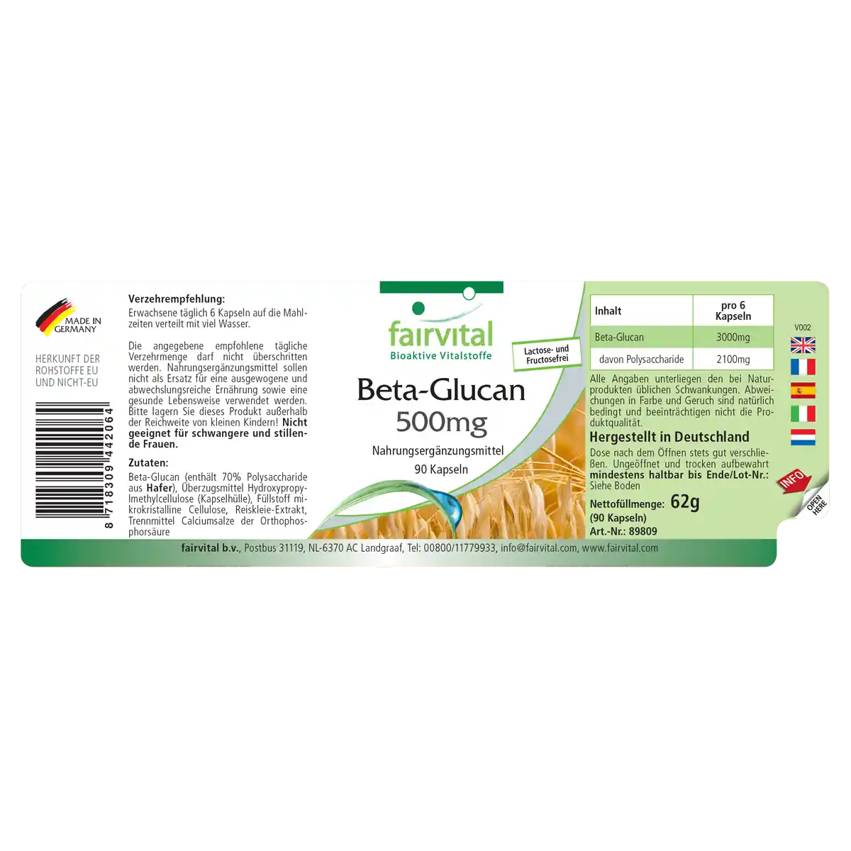 Beta-Glucan 500mg - 90 Kapseln - 70% Polysaccharide aus Hafer - Hochdosiert und Vegan | Fairvital