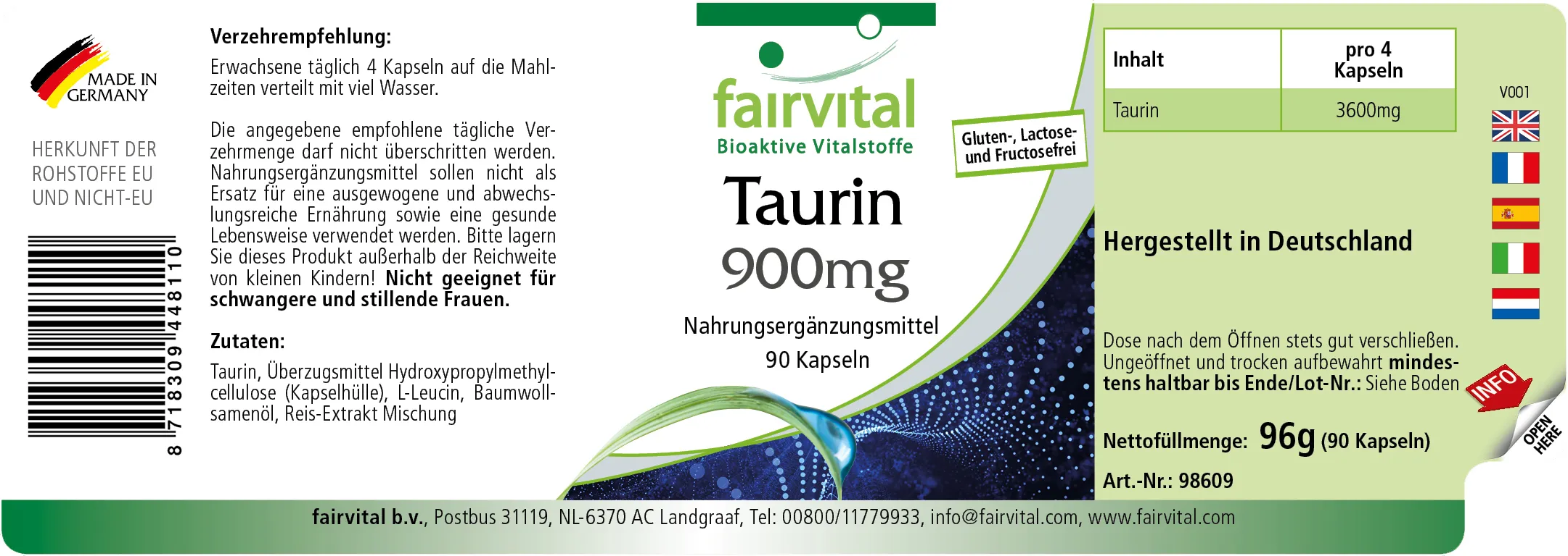 Taurin 900mg - 90 Kapseln - Hochdosiert- Vegan | Fairvital Taurin 900mg - 90 Kapseln - Hochdosiert- Vegan | Fairvital