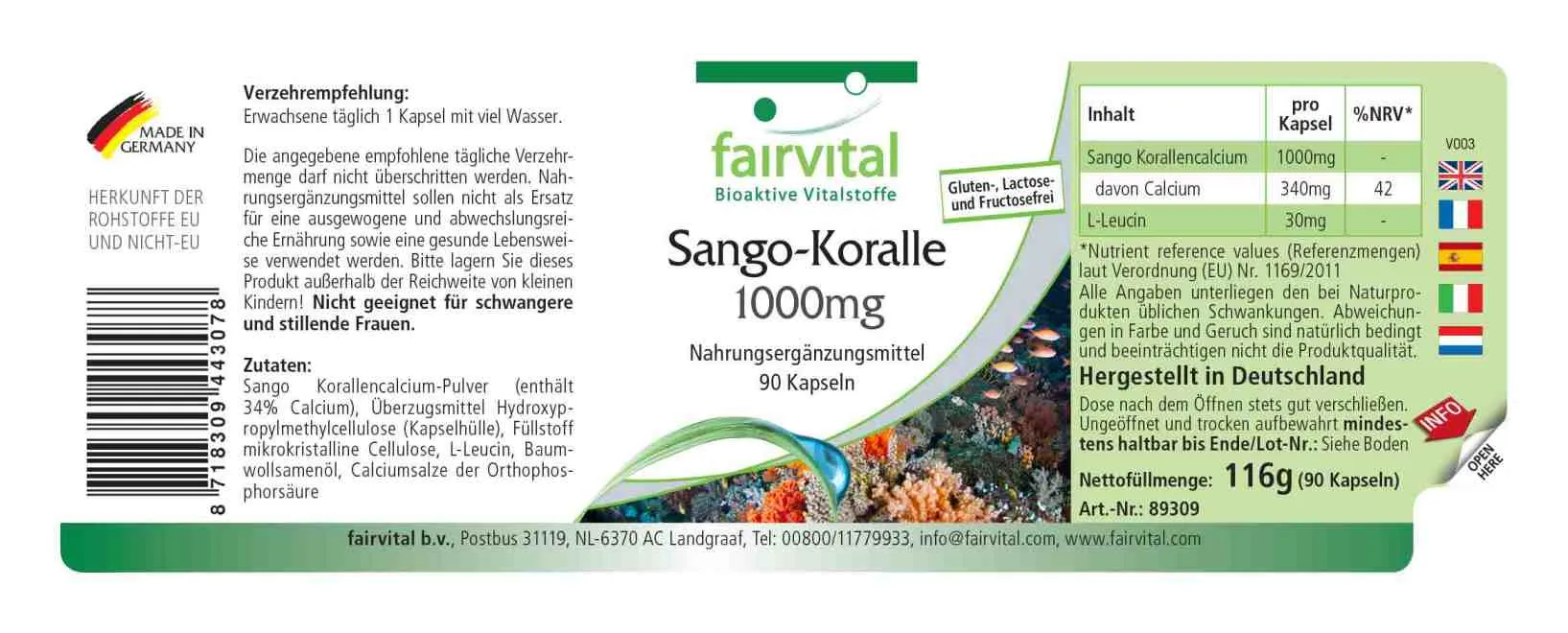 Sango-Koralle 1000mg - 90 Kapseln - mit Calcium - für Knochen, Muskeln, Blutgerinnung uvm. | Fairvital