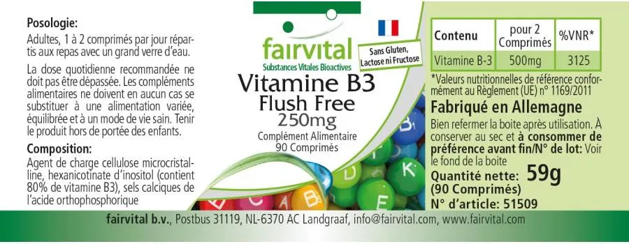 Vitamin B3 Flush Free 250mg - 90 Tabletten - für Stoffwechsel, Haut, Nervensystem uvm. - Vegan | Fairvital