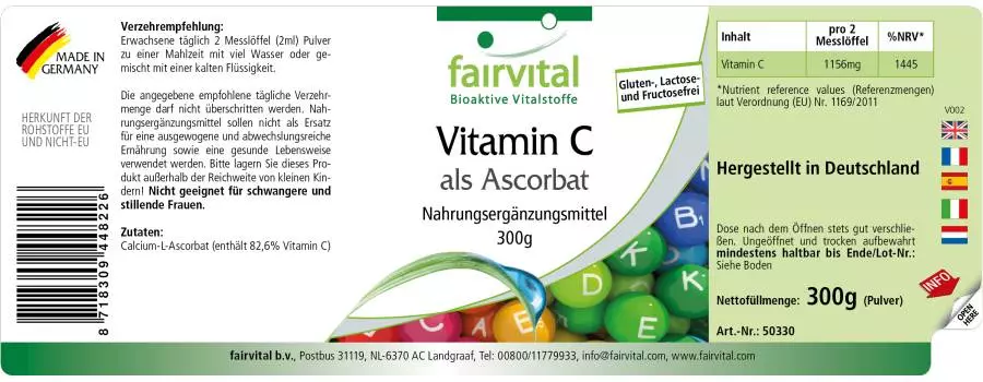Vitamin C als Ascorbat - 300g Pulver - für Immunsystem, Kollagenbildung uvm. - Vegan | Fairvital