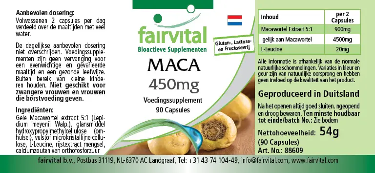 MACA 450mg - 90 Kapseln - 4-fach konzentrierter Wurzelextrakt - Hochdosiert und Vegan | Fairvital MACA 450mg - 90 Kapseln - 4-fach konzentrierter Wurzelextrakt - Hochdosiert und Vegan | Fairvital