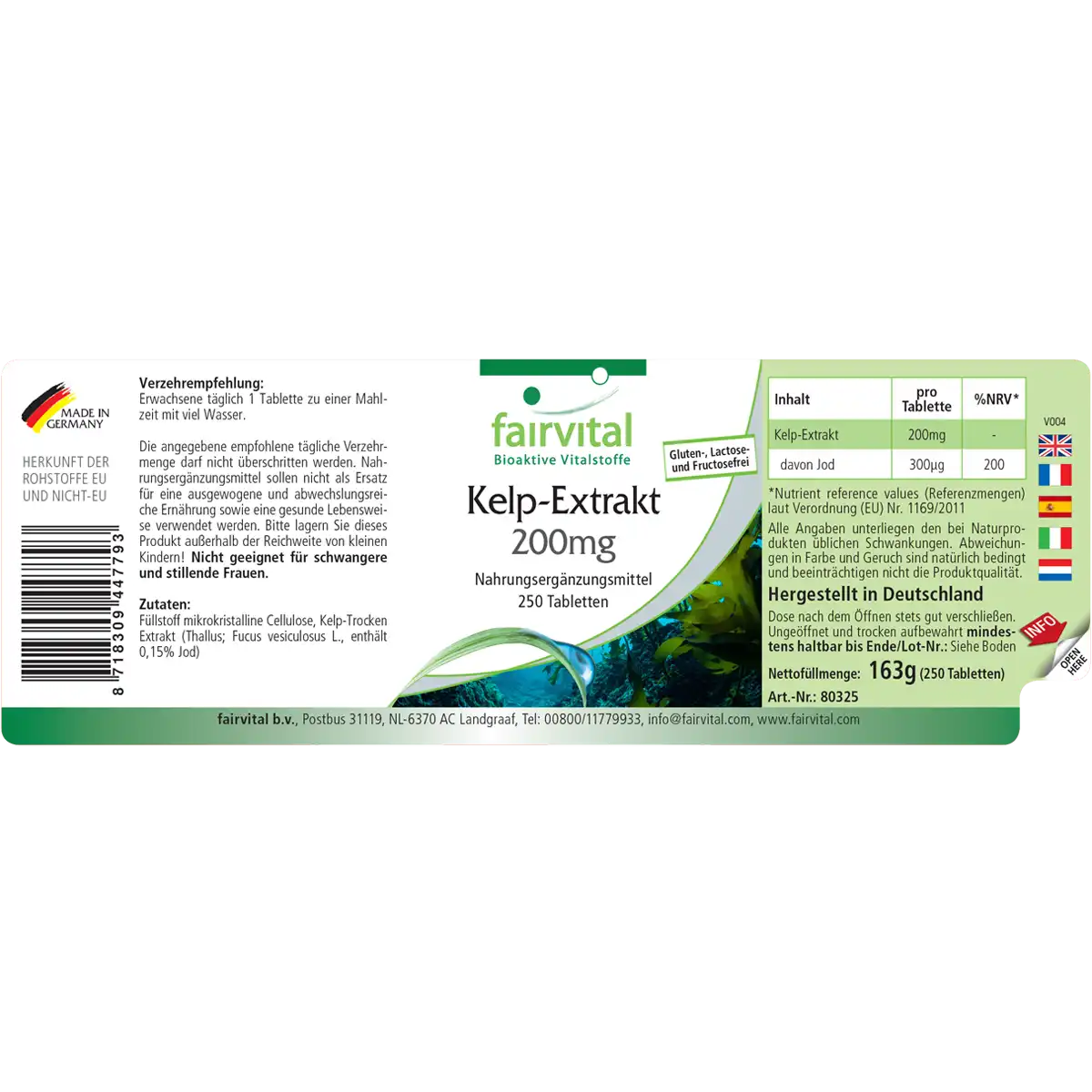 Kelp-Extrakt 200mg – 250 Tabletten – natürliches Jod - für Schilddrüse, Haut, Nervensystem uvm. | Fairvital